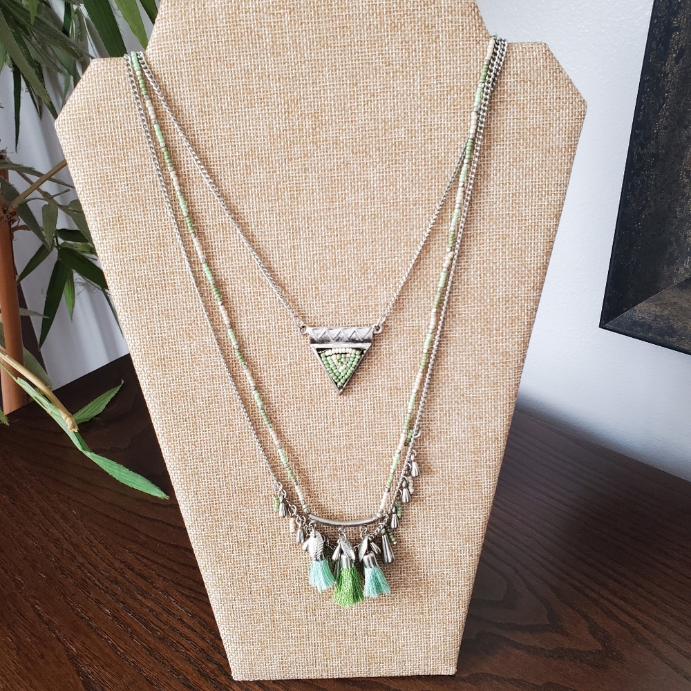 NWT Pao Columbo 3 Strand Silver and Green Beads & Tassel Necklace